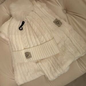 UGG  Winter White pom pom hat infinity scarf & glove set NWT
